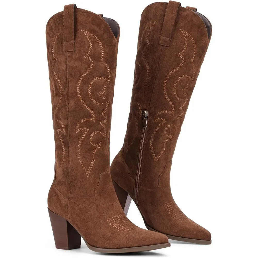 Women Brown Suede Western Knee High Cowgirl Boots with Side Zipper Retro Pointed